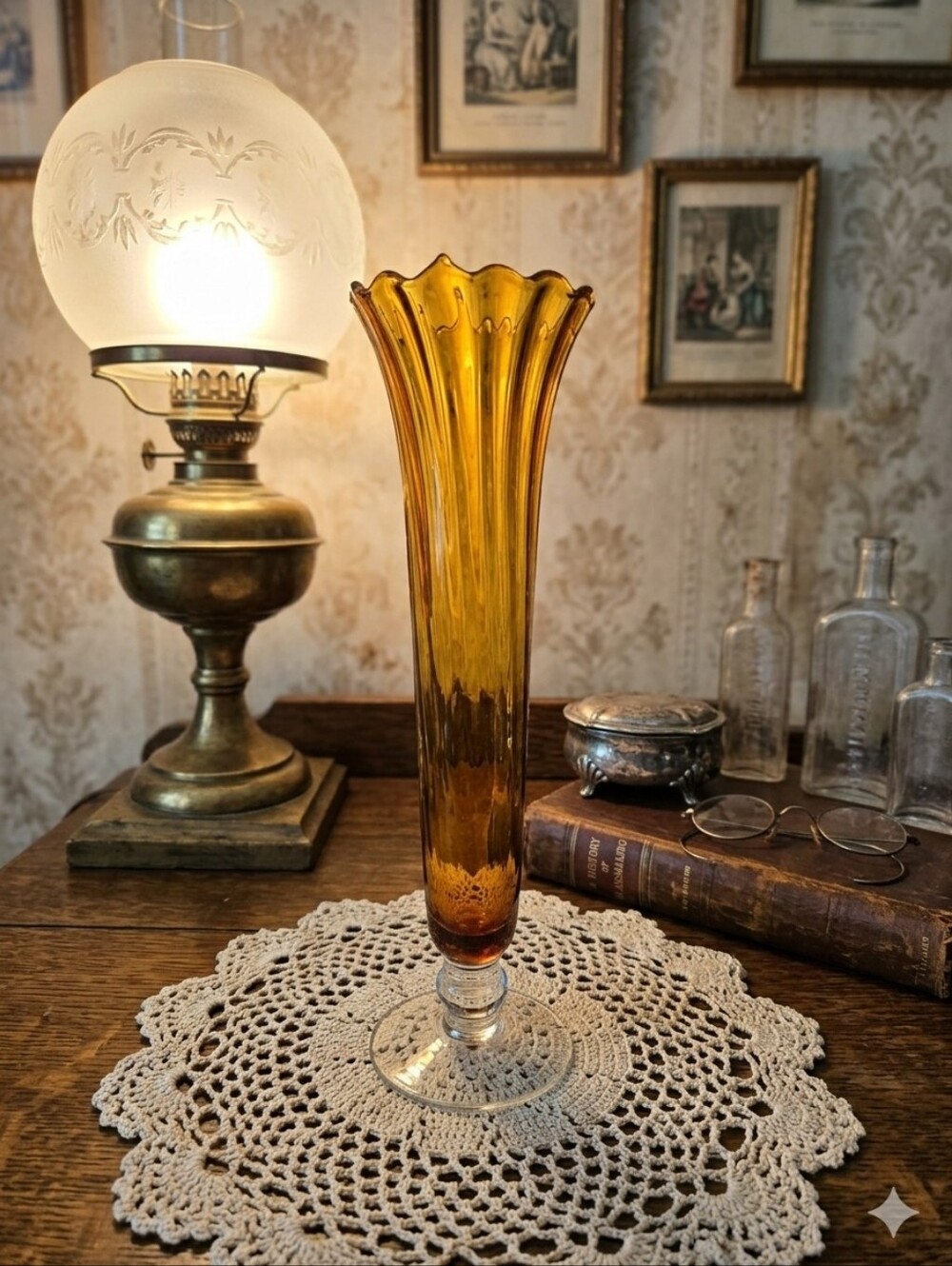 MCM Amber Swung Glass Bud Vase Clear Coiled Threaded Stem Vintage
